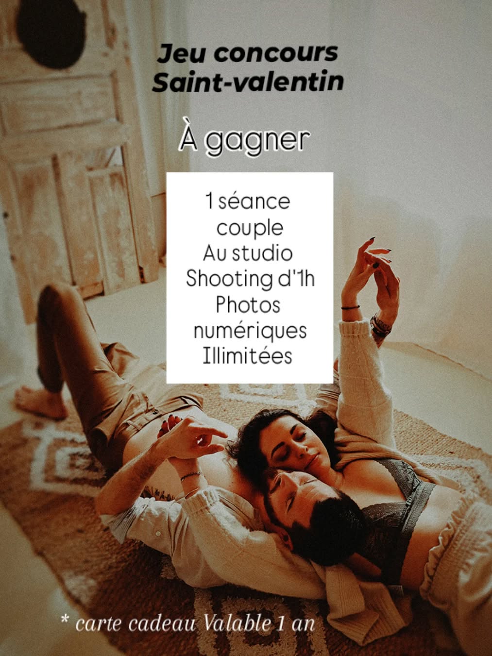Jeu concours Saint-valentin
Je vous propose un petit moment rien que pour vous, une séance pour se retrouver et profiter l'un de l'autre.
À gagner : - shooting couple au studio (Biron) 1h
- photos numériques Illimitées
Pour participer : - suivre ma page @fannyl_photographe
- Liker cette publication
- Notifier 3 ami(e)s
* BONUS : PARTAGER CETTE PUBLICATION EN NOTIFIANT MON COMPTE
Tirage au sort le 15 février à 18h 😉
Bonne chance ❤